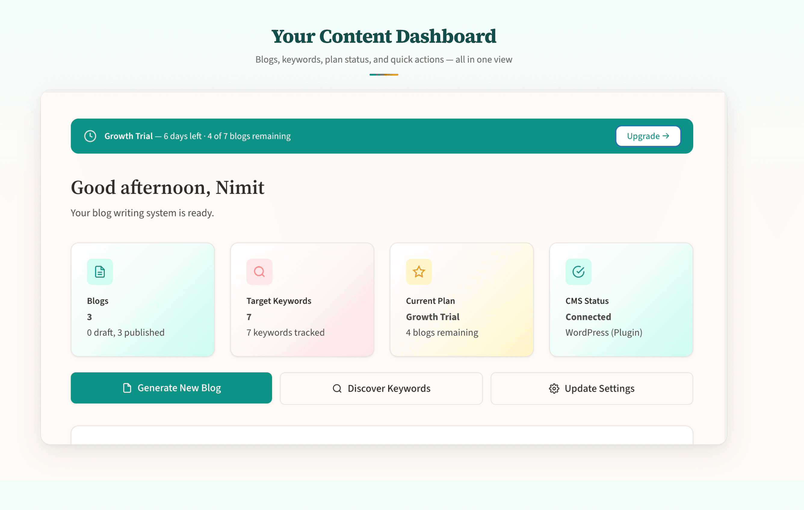 One Blog a Day plugin dashboard inside the WordPress admin